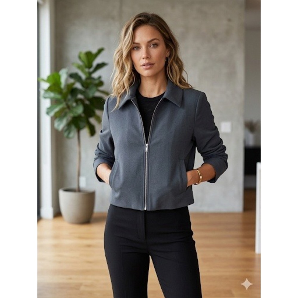 Rachel Zoe Gray Full Zip Lightweight Jacket Cropped Utility Bomber Coat Sz 8